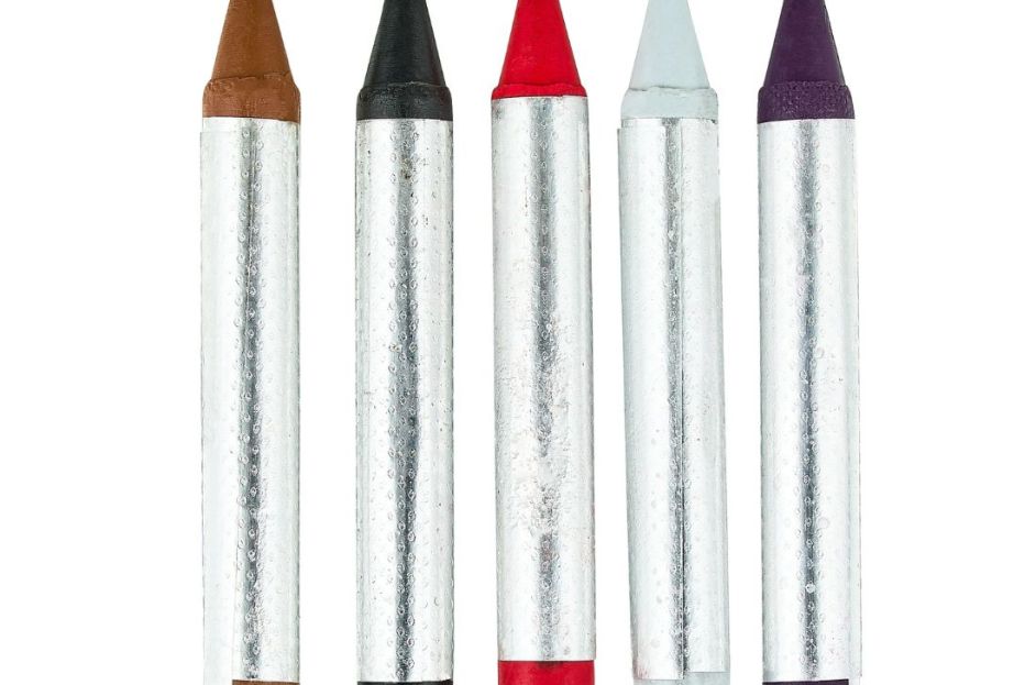 pack of four face paint crayons in brown, black, red, white and dark purple