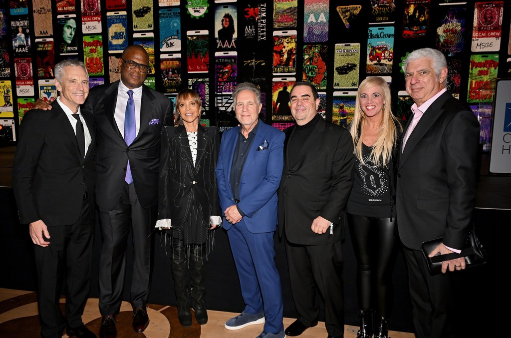 From left: John Sykes, President, Entertainment Enterprises, iHeartMedia, Inc., Jon Platt, Sylvia Rhone, CEO, Epic Records, honoree Jay Marciano, Chairman & CEO, AEG Presents, Evan Lamberg, President, MFEI & President, North America, Universal Music Publishing, Alissa Pollack, EVP, Global Music Marketing, iHeartMedia and Rob Light attend MFEI Spirit Of Life honoring Jay Marciano at Shrine Auditorium and Expo Hall on Oct. 22, 2024 in Los Angeles, California.