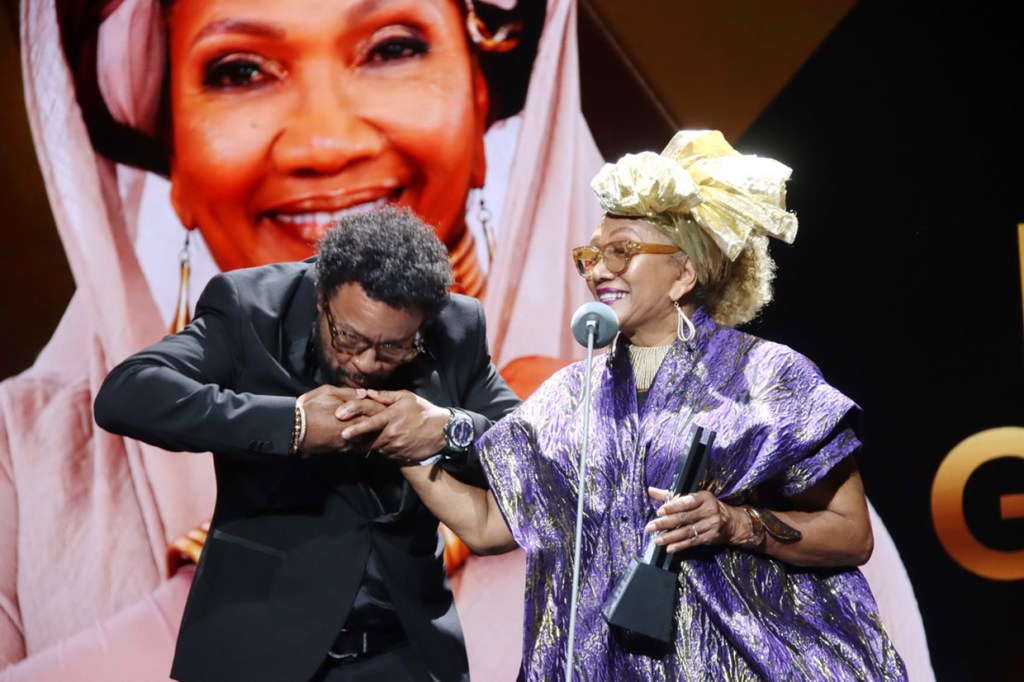 Shaggy and Marcia Griffiths onstage at the Caribbean Music Awards on Aug 29, 2024.