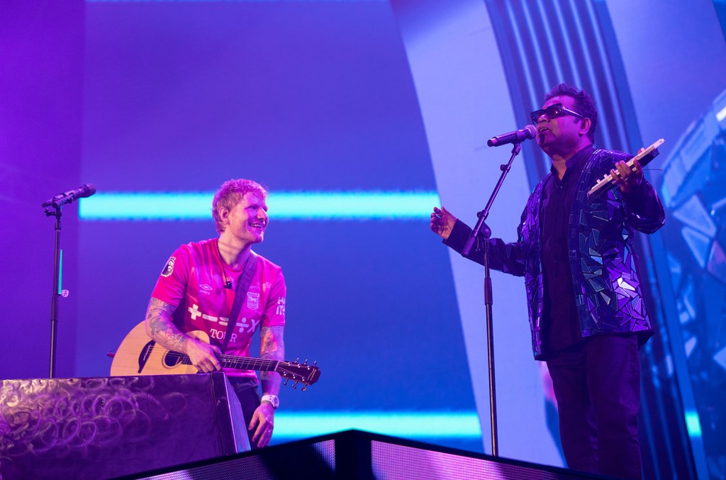 Ed Sheeran and A.R. Rahman perform on Feb. 19, 2024 in Chennai, India.