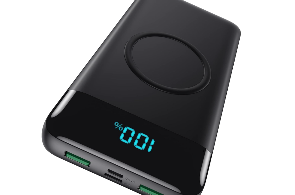 black magsafe portable charger with display screen