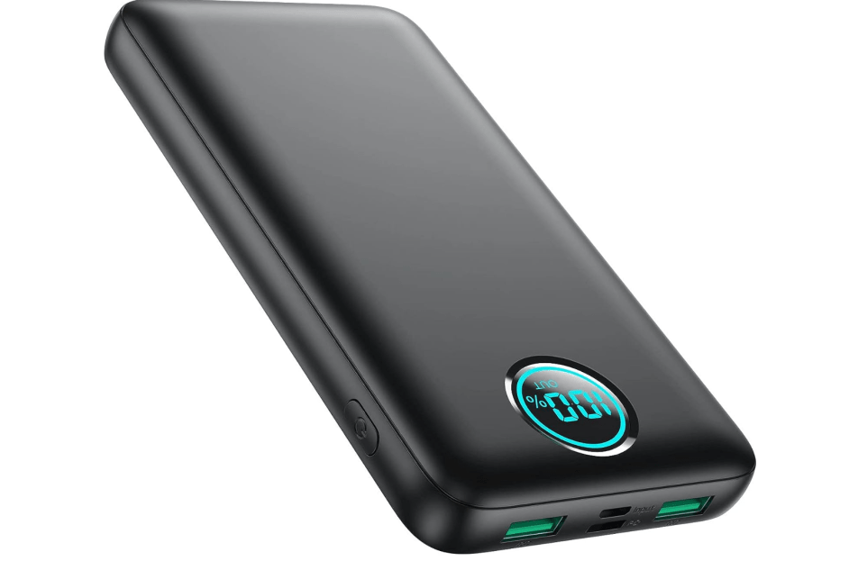 black portable charger with display screen