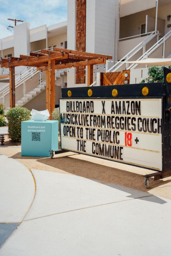 A sign pointing the way to Billboard and Amazon’s Pop-up Party held at Ace Hotel & Swim Club Palms Springs on April 12, 2025 in Palm Springs California.