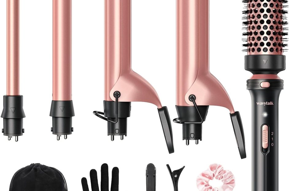 pink and black hot air brush with five attachments