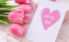 Beautiful flowers, gift and greeting card for Mother's Day on light wooden background