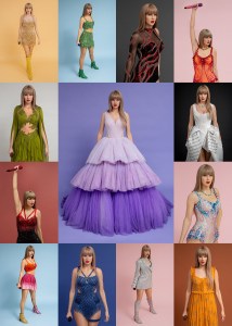 A collage of all 13 Madame Tussauds wax figures of Taylor Swift