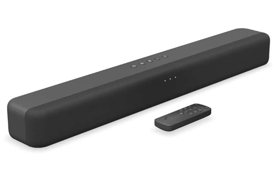 black soundbar with black remote